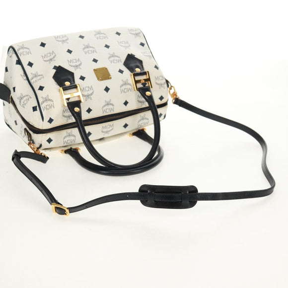 MCM Logogram Vicetos Boston Bag PVC Leather 2way White Gold Auth 159053