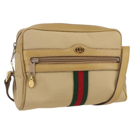 GUCCI Web Sherry Line Shoulder Bag Nylon Beige Gold Red 010 378 Auth 159085