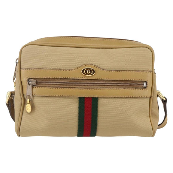GUCCI Web Sherry Line Shoulder Bag Nylon Beige Gold Red 010 378 Auth 159085
