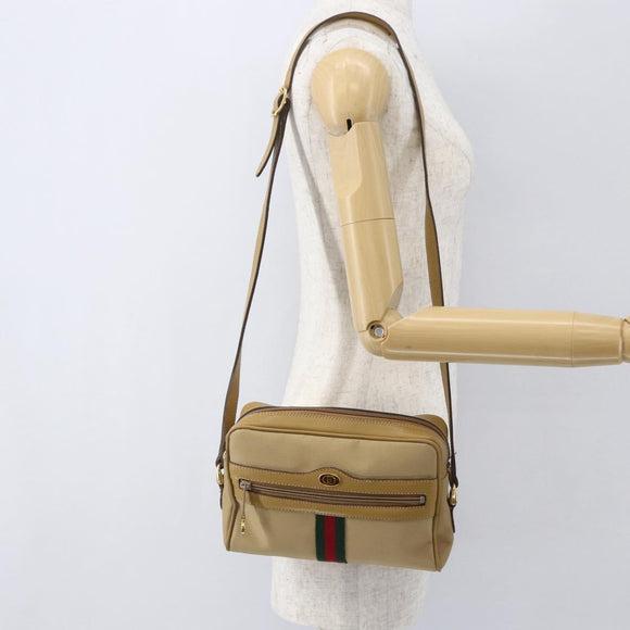 GUCCI Web Sherry Line Shoulder Bag Nylon Beige Gold Red 010 378 Auth 159085