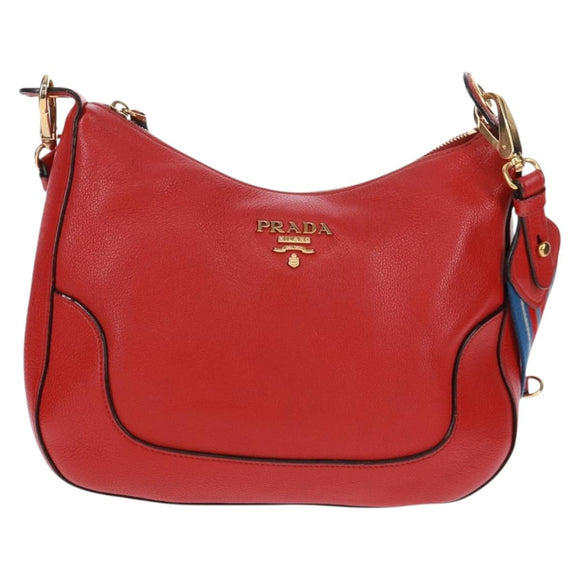 PRADA Shoulder Bag Leather Red Gold Auth 159088V