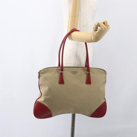 PRADA Tote Bag Canvas Beige Silver Auth 159129