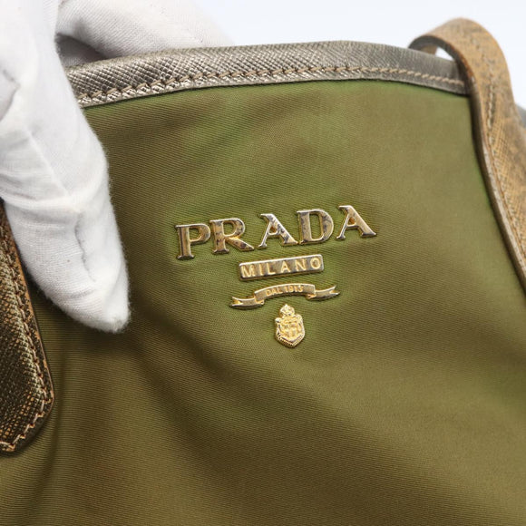 PRADA Hand Bag Nylon Khaki Gold Auth 159131