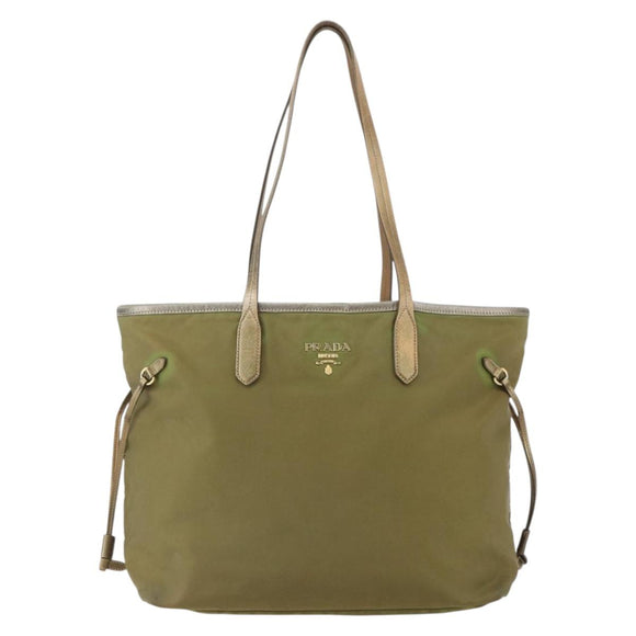 PRADA Hand Bag Nylon Khaki Gold Auth 159131