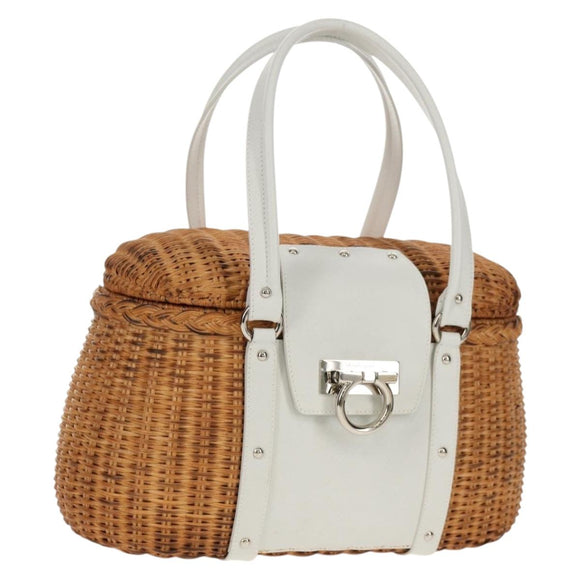 Salvatore Ferragamo Gancini Hand Bag Rattan Beige Silver Auth 159168V