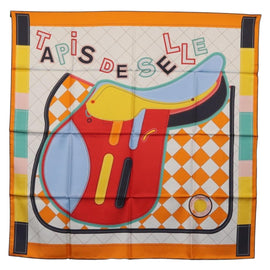 HERMES Carre 90 Scarf Silk ""Tapis de Selle"" Orange Auth 159188