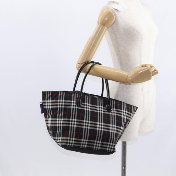 BURBERRY Nova Check Blue Label Tote Bag Nylon Black Silver Auth 159190