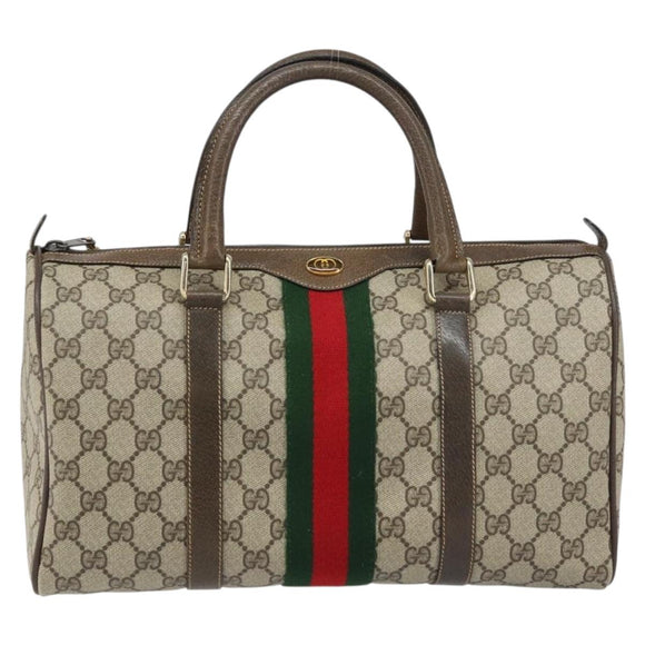 GUCCI GG Supreme Web Sherry Line Boston Bag PVC Beige Gold 378 02 07 Auth 159211