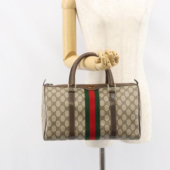 GUCCI GG Supreme Web Sherry Line Boston Bag PVC Beige Gold 378 02 07 Auth 159211