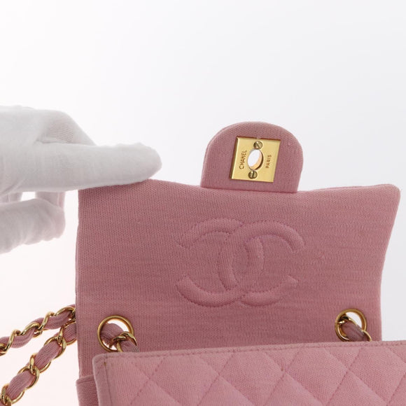 CHANEL Mini Matelasse 17 Chain Shoulder Bag Cotton Pink Gold CC Auth 159216