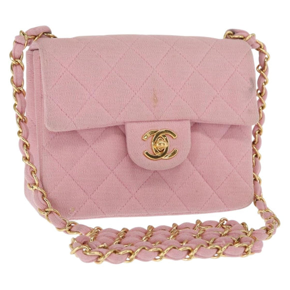 CHANEL Mini Matelasse 17 Chain Shoulder Bag Cotton Pink Gold CC Auth 159216