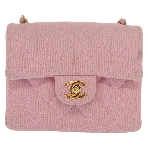CHANEL Mini Matelasse 17 Chain Shoulder Bag Cotton Pink Gold CC Auth 159216