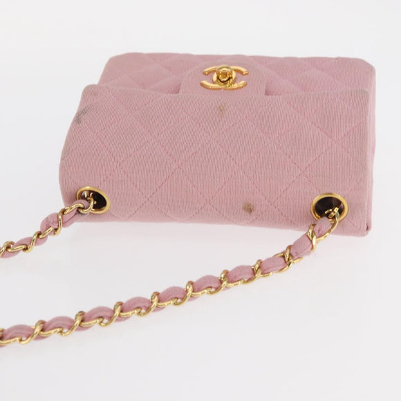 CHANEL Mini Matelasse 17 Chain Shoulder Bag Cotton Pink Gold CC Auth 159216