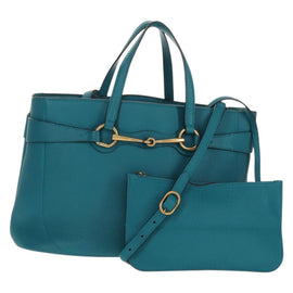 GUCCI Horsebit Hand Bag Leather 2way Turquoise Blue Gold Auth 159226V