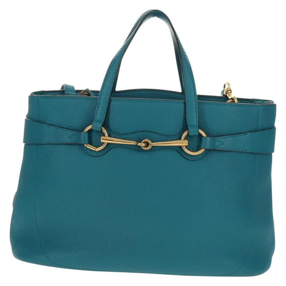 GUCCI Horsebit Hand Bag Leather 2way Turquoise Blue Gold Auth 159226V