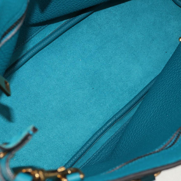 GUCCI Horsebit Hand Bag Leather 2way Turquoise Blue Gold Auth 159226V