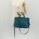 GUCCI Horsebit Hand Bag Leather 2way Turquoise Blue Gold Auth 159226V-31