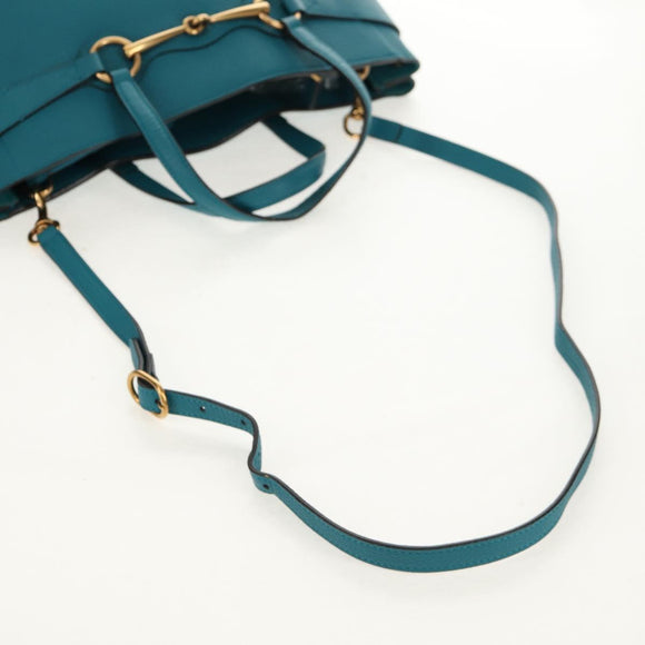 GUCCI Horsebit Hand Bag Leather 2way Turquoise Blue Gold Auth 159226V