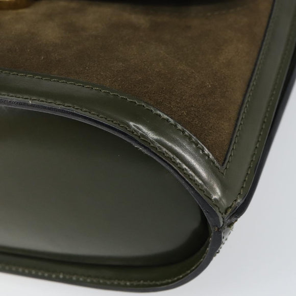 CELINE Hand Bag Suede Khaki Gold Auth 159231