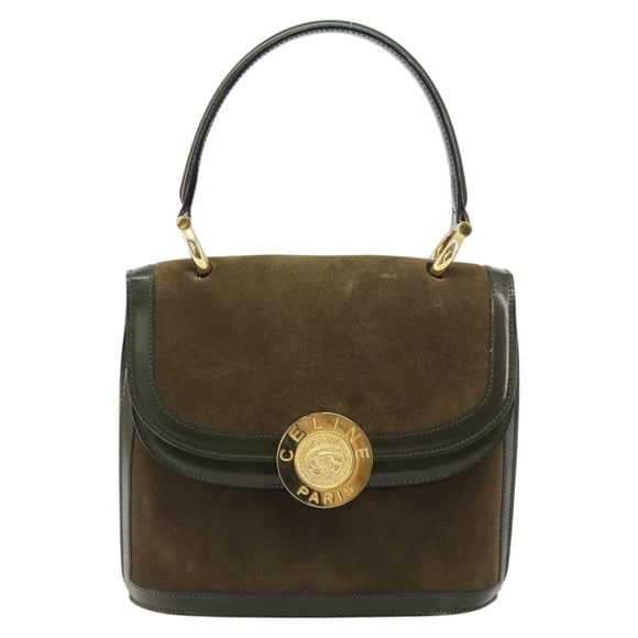 CELINE Hand Bag Suede Khaki Gold Auth 159231