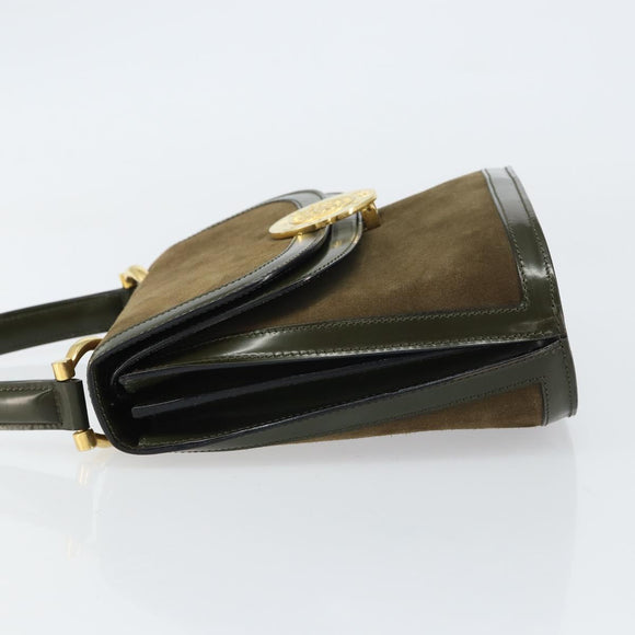CELINE Hand Bag Suede Khaki Gold Auth 159231