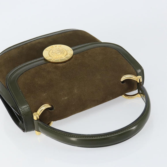 CELINE Hand Bag Suede Khaki Gold Auth 159231