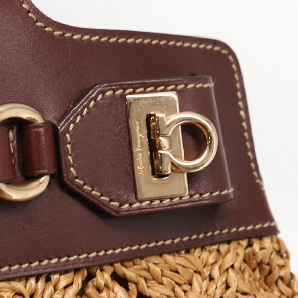 Salvatore Ferragamo Gancini Hand Bag Raffia Brown Gold Auth 159234V