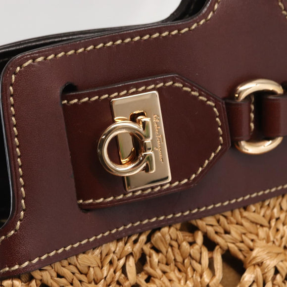 Salvatore Ferragamo Gancini Hand Bag Raffia Brown Gold Auth 159234V