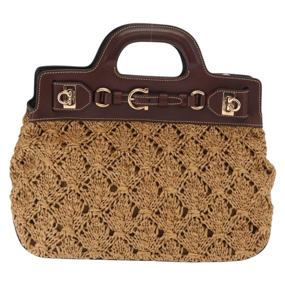 Salvatore Ferragamo Gancini Hand Bag Raffia Brown Gold Auth 159234V