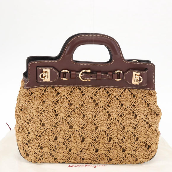 Salvatore Ferragamo Gancini Hand Bag Raffia Brown Gold Auth 159234V
