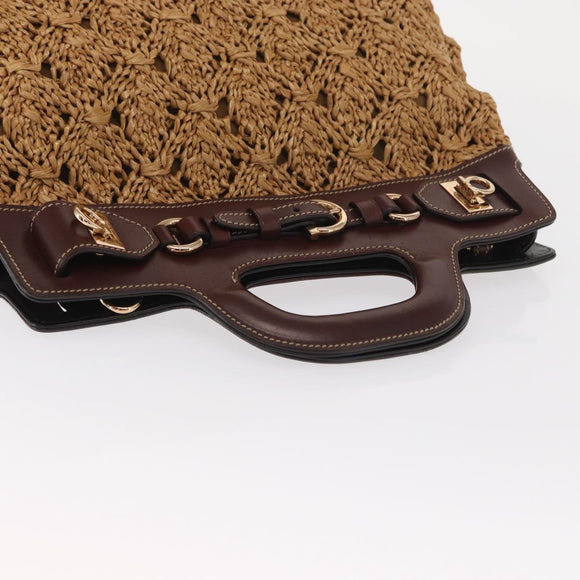 Salvatore Ferragamo Gancini Hand Bag Raffia Brown Gold Auth 159234V