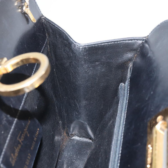Salvatore Ferragamo Gancini Chain Shoulder Bag Leather Black Gold Auth 159235