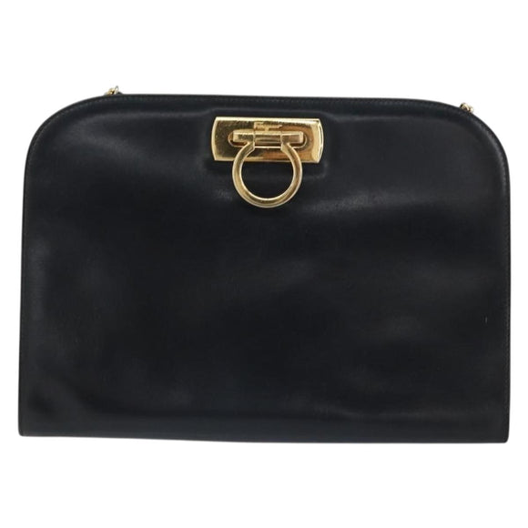 Salvatore Ferragamo Gancini Chain Shoulder Bag Leather Black Gold Auth 159235