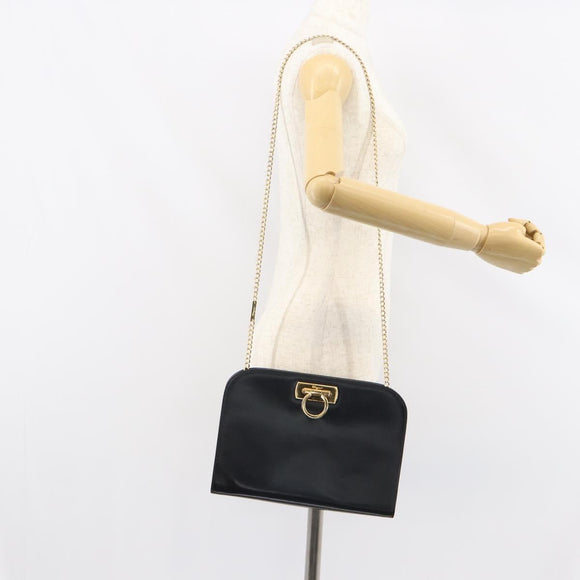 Salvatore Ferragamo Gancini Chain Shoulder Bag Leather Black Gold Auth 159235