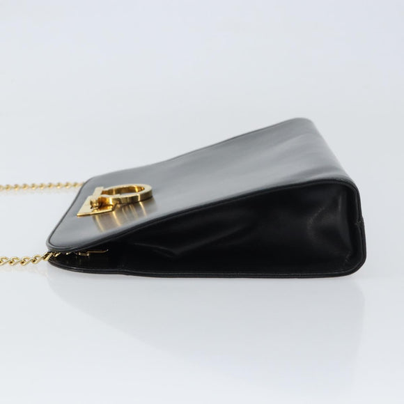 Salvatore Ferragamo Gancini Chain Shoulder Bag Leather Black Gold Auth 159235