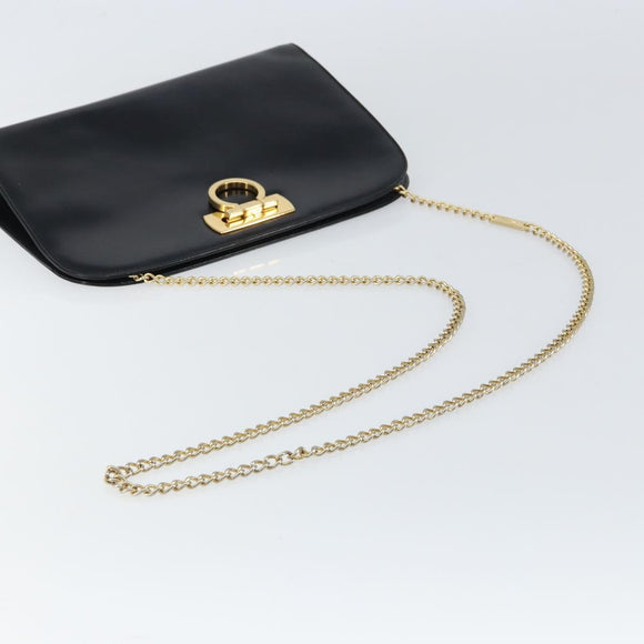 Salvatore Ferragamo Gancini Chain Shoulder Bag Leather Black Gold Auth 159235