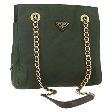 PRADA Chain Shoulder Bag Nylon Green Gold Auth 159258