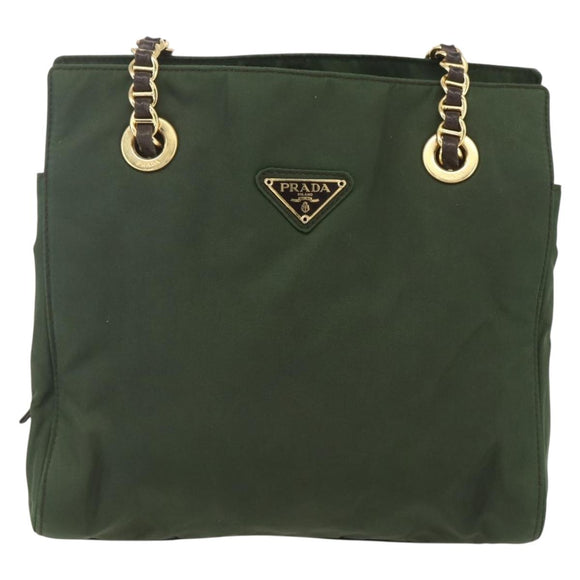 PRADA Chain Shoulder Bag Nylon Green Gold Auth 159258
