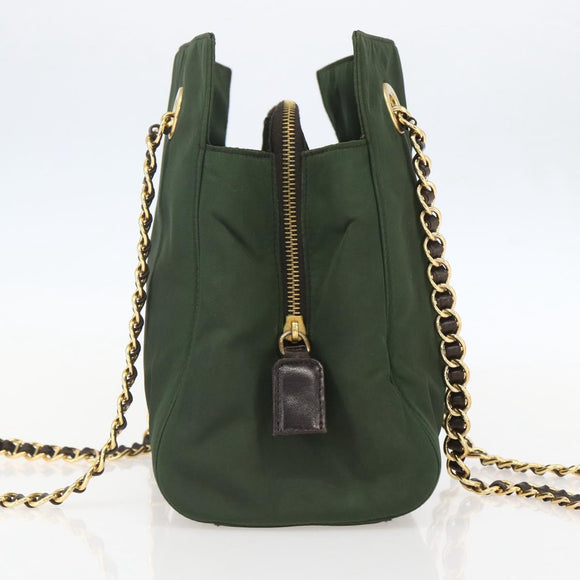 PRADA Chain Shoulder Bag Nylon Green Gold Auth 159258