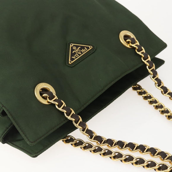PRADA Chain Shoulder Bag Nylon Green Gold Auth 159258