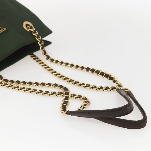 PRADA Chain Shoulder Bag Nylon Green Gold Auth 159258