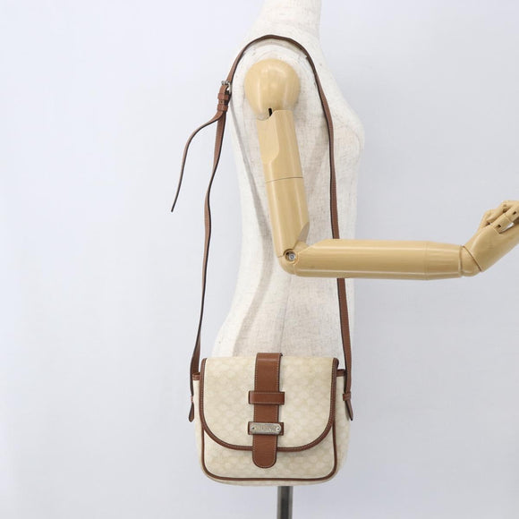 CELINE Macadam Canvas Shoulder Bag PVC Leather White Silver Auth 159259