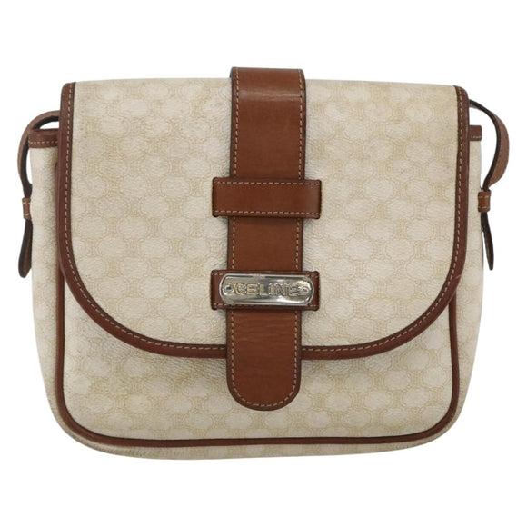 CELINE Macadam Canvas Shoulder Bag PVC Leather White Silver Auth 159259