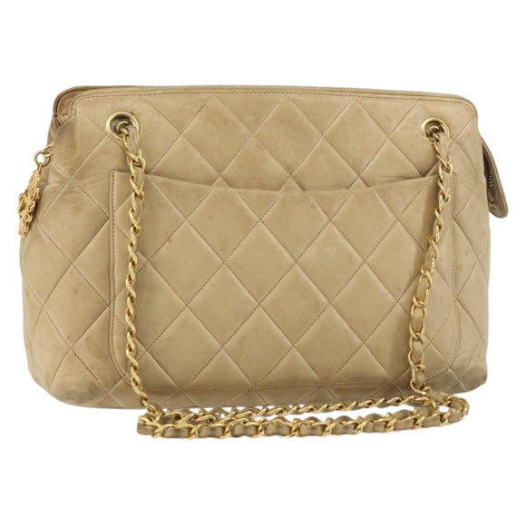 CHANEL Matelasse Chain Shoulder Bag Leather Beige Gold CC Auth 159264