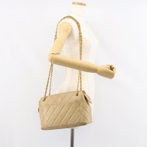 CHANEL Matelasse Chain Shoulder Bag Leather Beige Gold CC Auth 159264