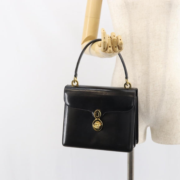 GUCCI Hand Bag Leather Black Gold Auth 159265