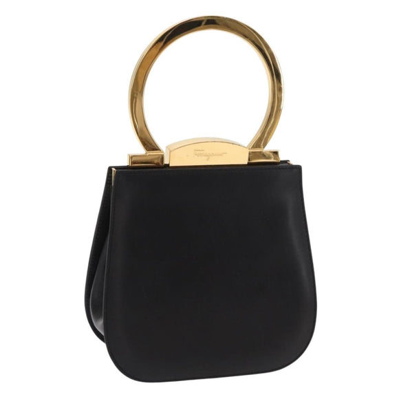 Salvatore Ferragamo Gancini Hand Bag Leather Black Gold Auth 159266V