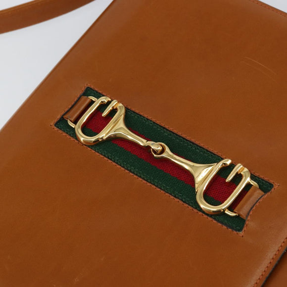 GUCCI Web Sherry Line Horsebit Shoulder Bag Leather Brown Gold Red Auth 159268