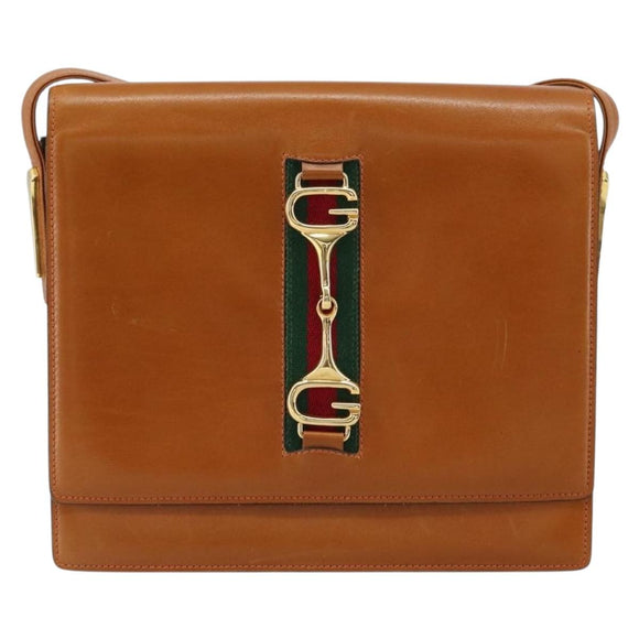 GUCCI Web Sherry Line Horsebit Shoulder Bag Leather Brown Gold Red Auth 159268