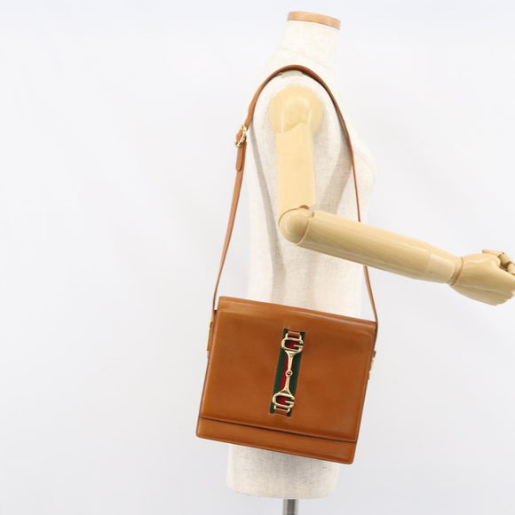 GUCCI Web Sherry Line Horsebit Shoulder Bag Leather Brown Gold Red Auth 159268